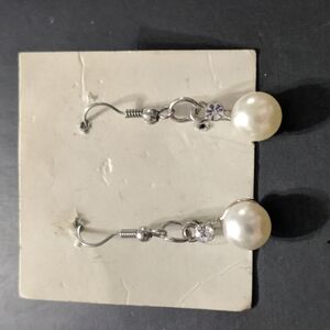 Silver Tone Clear Rhinestone and White Faux Pearl Dangle Statement Earrings